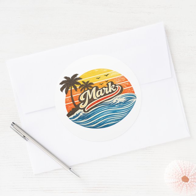 Mark Retro Sunset Name Design Runder Aufkleber (Umschlag)