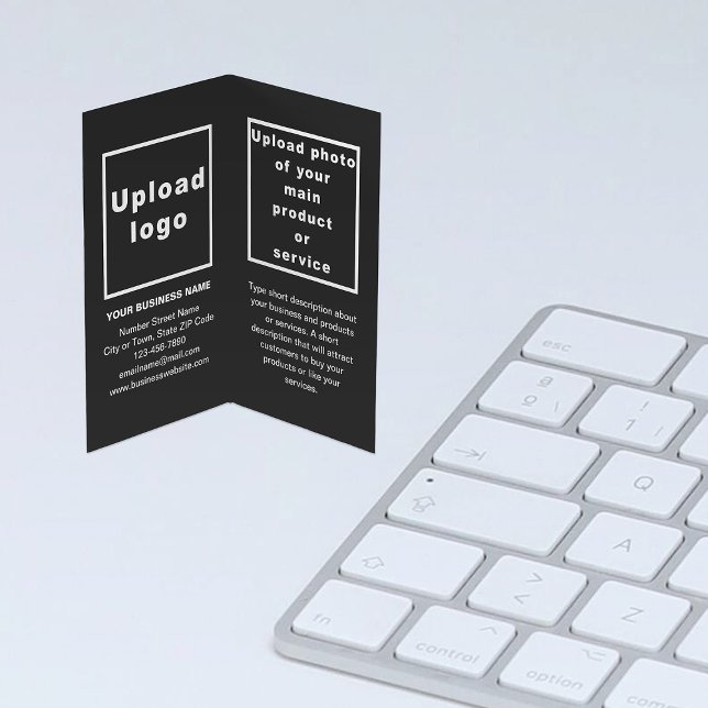 Markenbezeichnung und Produkt auf schwarz geklappt Visitenkarten (Black folded business card with your brand and product)