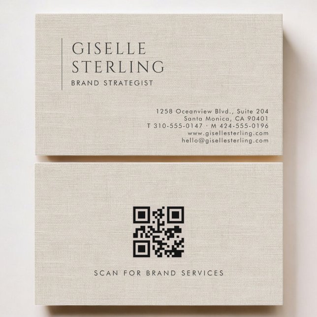 Markenstratege Luxus Neutral Leinen QR Code Visitenkarte (Von Creator hochgeladen)