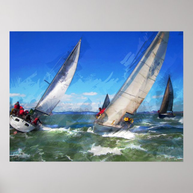 Marker Sketch von Racing Sailboats in rauen Meeren Poster (Vorne)