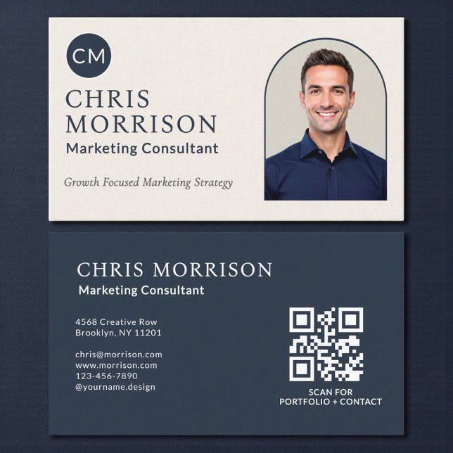 Marketing Consultant Photo QR Code Navy Blue Visitenkarte (Von Creator hochgeladen)