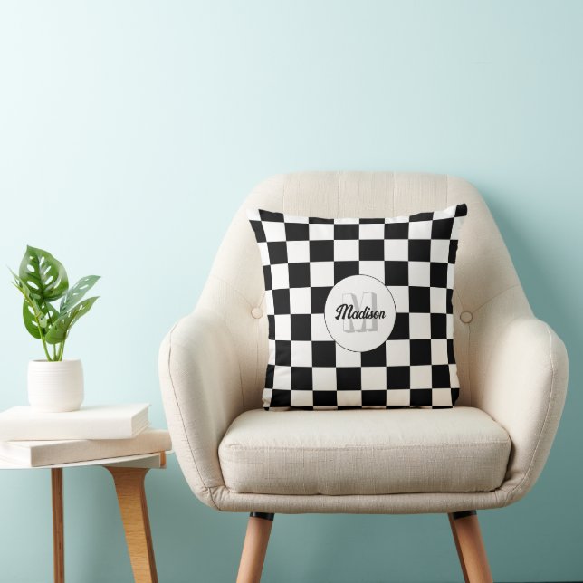 Markierte Quadrate Schwarz-Weiß-Retro-Monogramm Kissen (Stuhl )