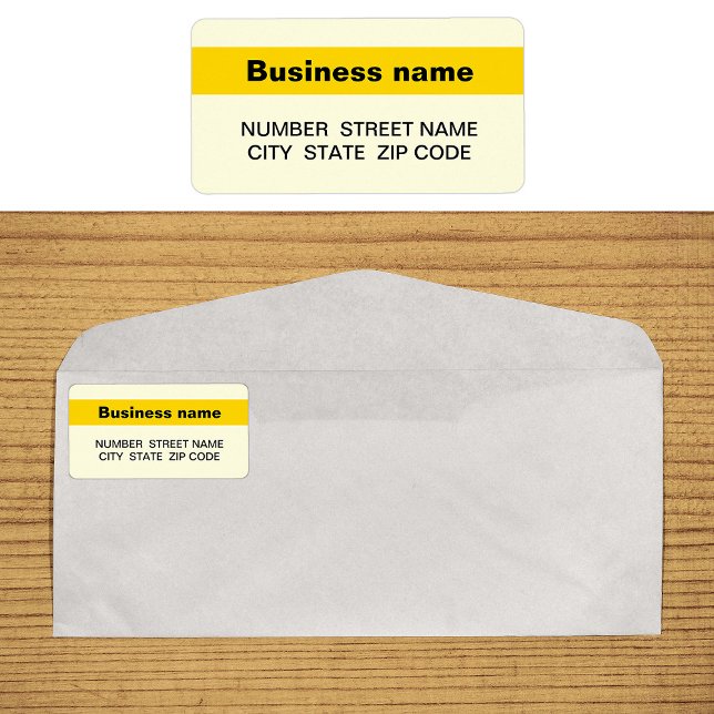 Markierter Firmenname auf dem gelben Adressetikett (Yellow address label with your highlighted brand name)