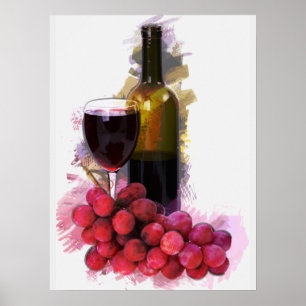 Markierungs-Skizze, Wein-Glas, Flasche, Trauben Poster