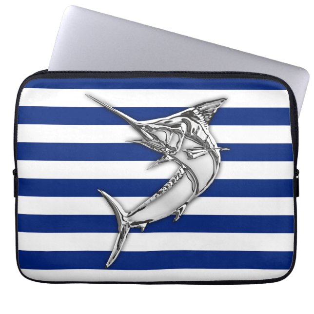 Marlin Fish Chrome auf nautischen Streifen Laptopschutzhülle (Vorderseite)