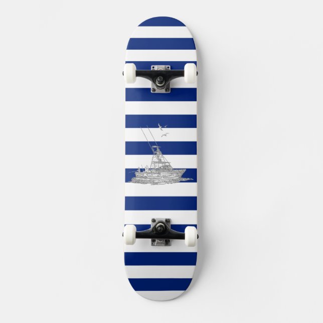 Marlin Fishing Chrome auf nautischen Streifen Skateboard (Vorderseite)