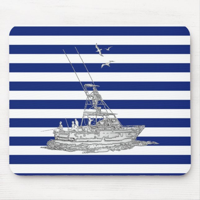 Marlin Fishing Chrome auf Navy Stripes Mousepad (Vorne)