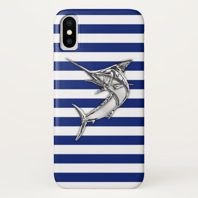 Marlin Swordfish Chrome auf nautischen Streifen Case-Mate iPhone Hülle (Rückseite)