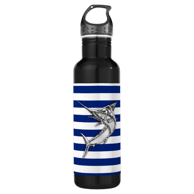 Marlin Swordfish Chrome auf nautischen Streifen Edelstahlflasche (Vorderseite)