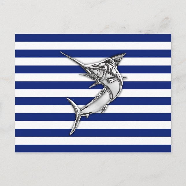 Marlin Swordfish Chrome Style auf nautischen Strei Postkarte (Vorderseite)