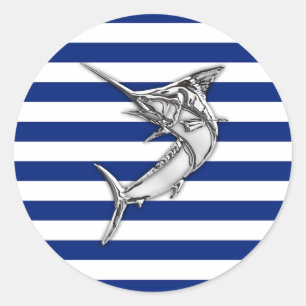 Marlin Swordfish Chrome Style auf nautischen Strei Runder Aufkleber