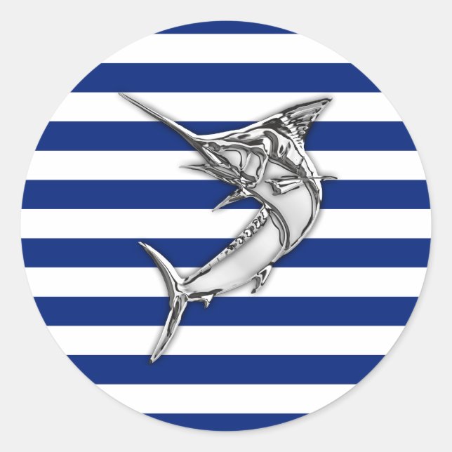 Marlin Swordfish Chrome Style auf nautischen Strei Runder Aufkleber (Vorderseite)