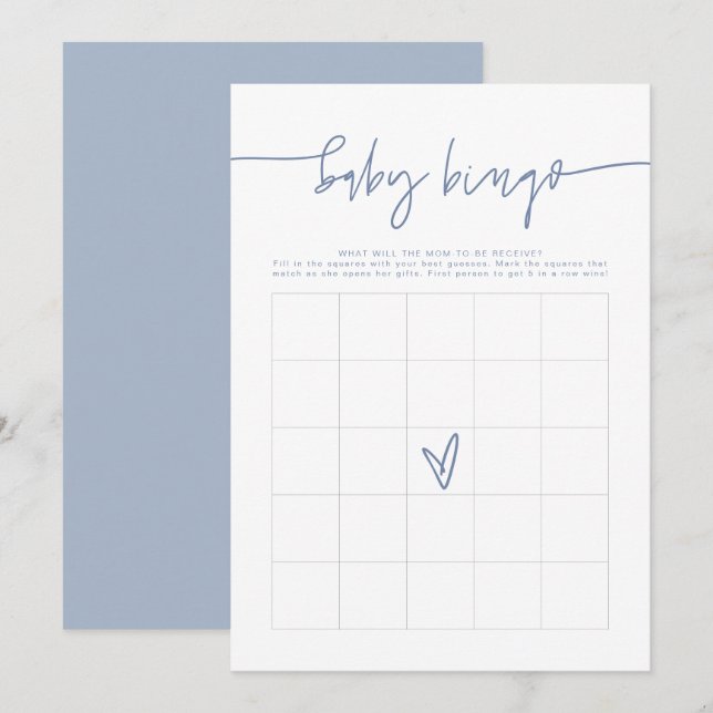 MARLO Boho Dusty Blue Baby Dusche Bingo Game Card Einladung (Vorne/Hinten)