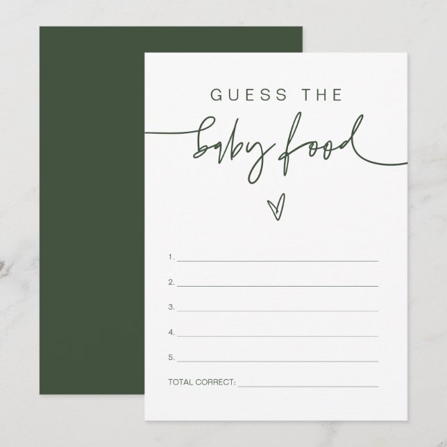 MARLO Boho Forest Green rät das Baby Food Game Einladung (Vorne/Hinten)