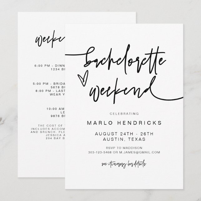 MARLO Bold Contemporary Bachelorette Itinerary Einladung (Vorne/Hinten)