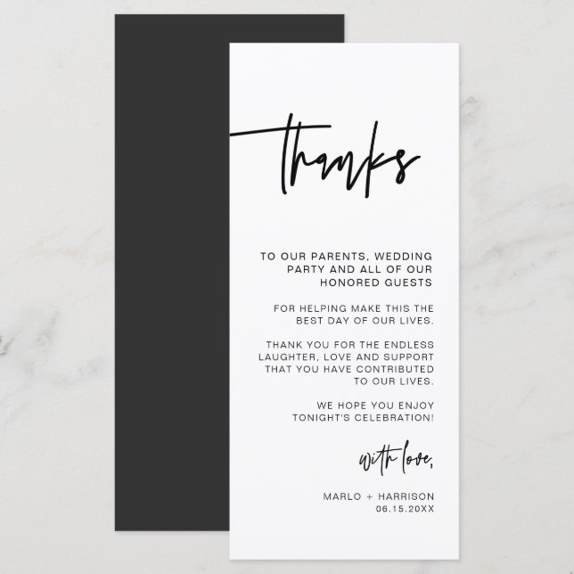 MARLO Contemporary Bold Wedding Table Vielen Dank Menükarte (Vorne/Hinten)