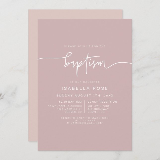 MARLO Dusty Rose Boho Pink Baptism Invitation (Devant / Derrière)