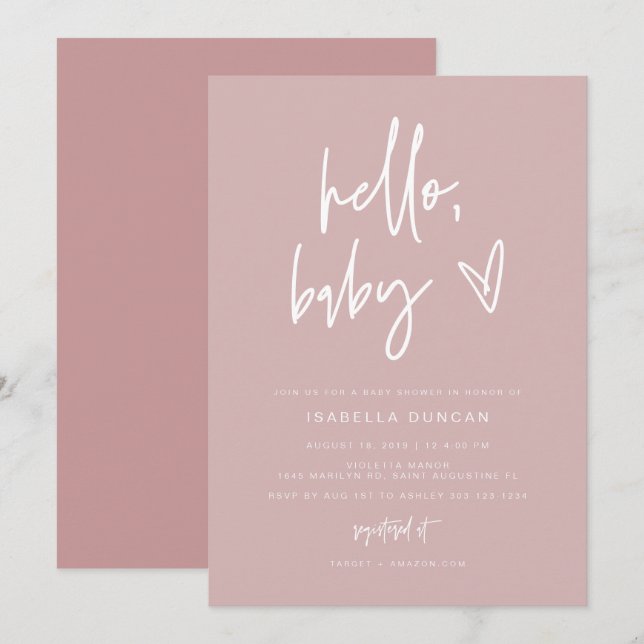 MARLO Moderne Blush Dusty Rose Girl Babydusche Einladung (Vorne/Hinten)