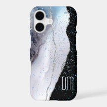 Marmor Abstrakt Silver Blue Glitzer Monogramm