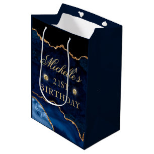 Marmor Agate Birthday, Navy Blue und Gold Glitzer Mittlere Geschenktüte