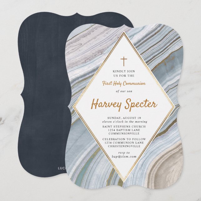 Marmor Agate Gold Erste Heilige Kommune Einladung (Vorne/Hinten)