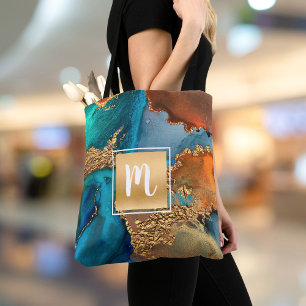 Marmor Aquarellfarben, monogramm, goldtürkis und o Tasche