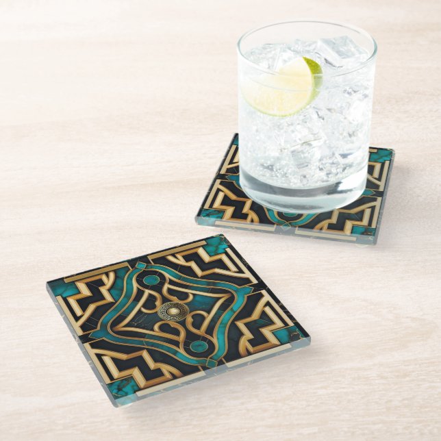 Marmor Art Deco Griechisches Green Gold Mandala Lu Glasuntersetzer (Schrägansicht)