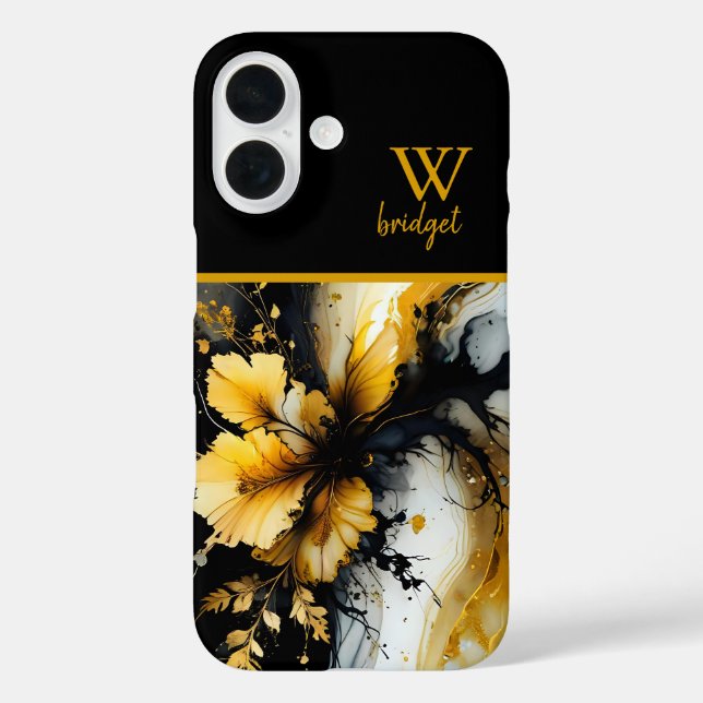 Marmor aus schwarzem Gold, Blume iPhone 16 Hülle (Rückseite)
