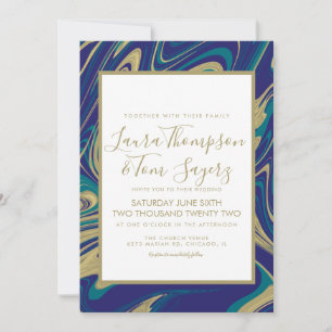 Marmor Flüssig Blau Faux Gold Abstrakte Hochzeit Einladung
