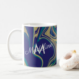 Marmor Flüssig Faux Gold Blau Grüner Monogramm Kaffeetasse