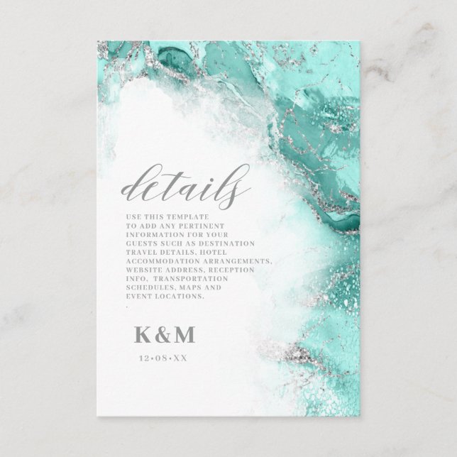 Marmor-Glitzer Hochzeit Aquamarin Silver ID644 Begleitkarte (Vorderseite)