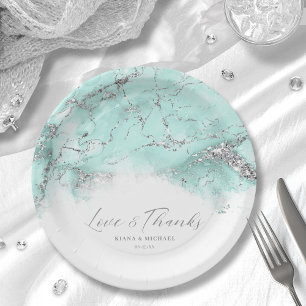 Marmor-Glitzer Hochzeit Aquamarin Silver ID644 Pappteller