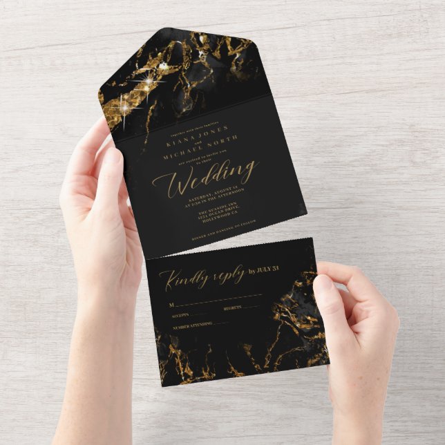Marmor-Glitzer Hochzeit Schwarz/Gold-ID644 All In One Einladung (Abreißen)