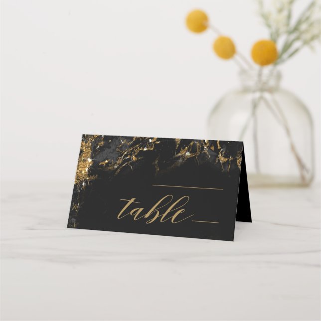 Marmor Glitzer Hochzeitstisch Schwarz Gold ID644 Platzkarte (Vorderseite)