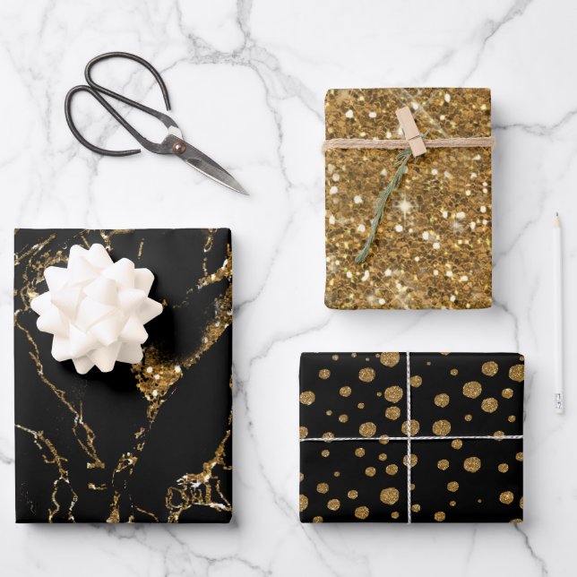 Marmor Glitzer Polka Dots Black/Gold Geschenkpapier Set (Vorderseite)