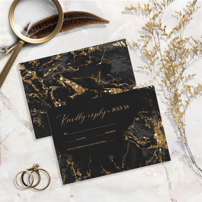 Marmor-Glitzer Wedding Black Gold ID644 RSVP Karte (Von Creator hochgeladen)