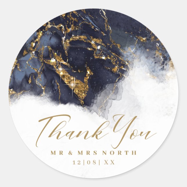 Marmor Glitzer Wedding Navy Blue Gold ID644 Runder Aufkleber (Vorderseite)