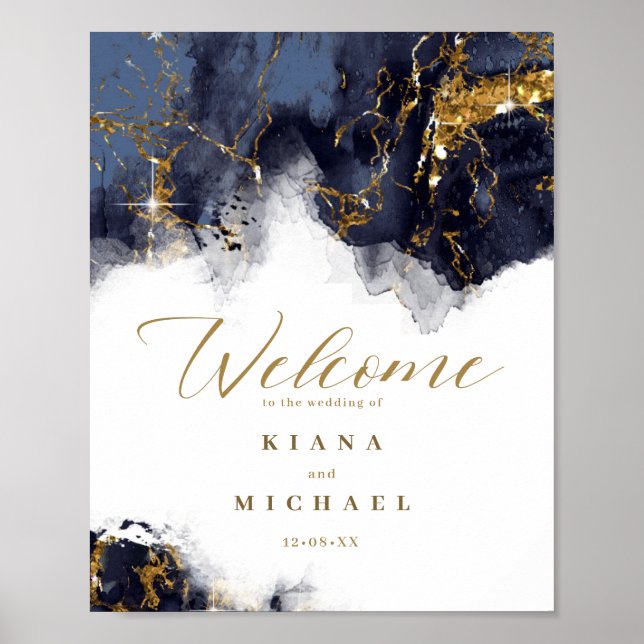 Marmor Glitzer Wedding Welcome Navy Blu Gold ID644 Poster (Vorne)