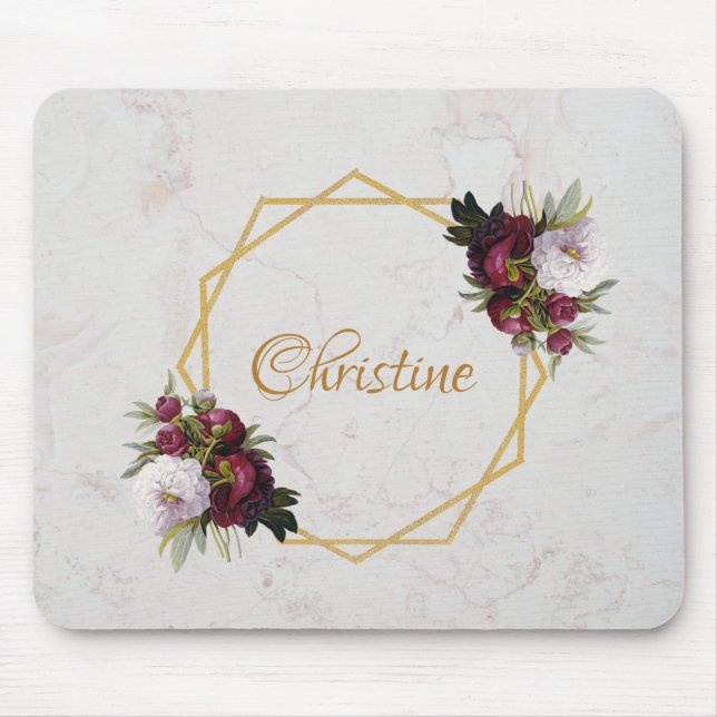 Marmor Gold Burgund Red Peonys Girl Floral Mousepad (Vorne)