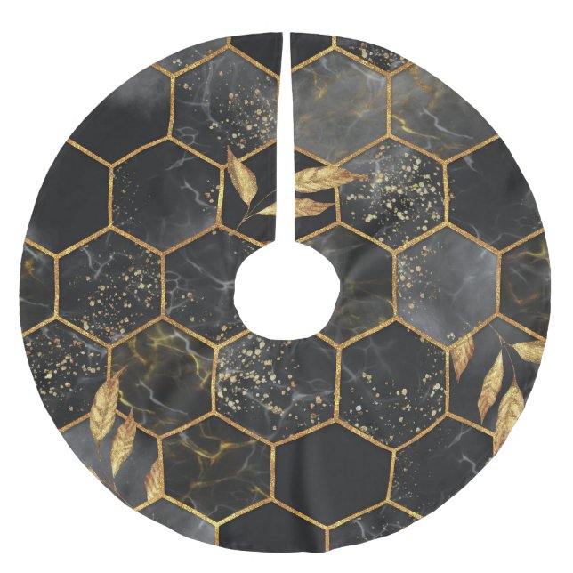 Marmor Hexagon, goldene Blätter Textur. Polyester Weihnachtsbaumdecke (Vorderseite)