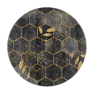 Marmor Hexagon, goldene Blätter Textur. Schneidebrett