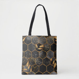 Marmor-Hexagon nahtlose Textur mit goldenen Blätte Tasche