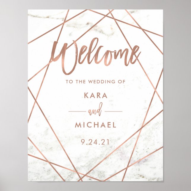 Marmor Imitate Rose Gold Geometric Wedding Willkom Poster (Vorne)