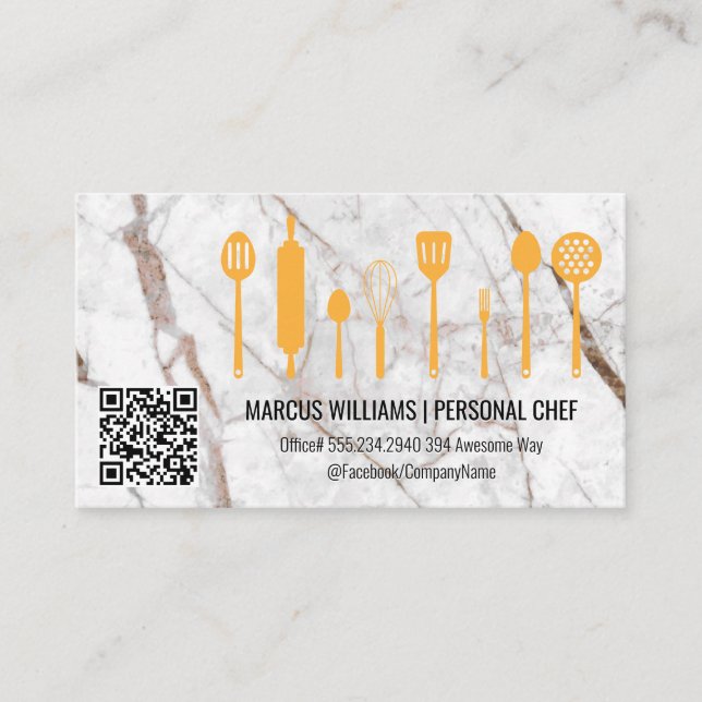 Marmor | Kochutensilien | QR-Prüfsiegel Visitenkarte (Vorderseite)