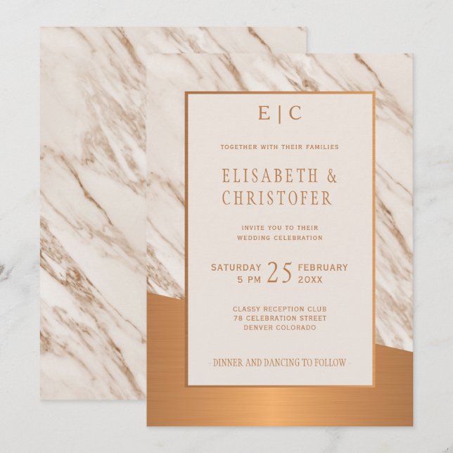 Marmor Kupfer einfache elegante Hochzeit einladen Einladung (Vorne/Hinten)