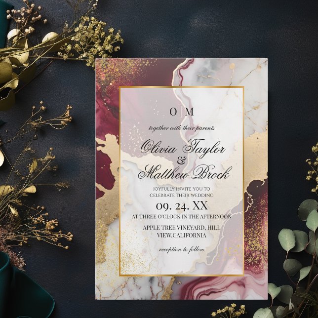 Marmor Moderne Romantische Hochzeit Burgund und Go Einladung (Von Creator hochgeladen)