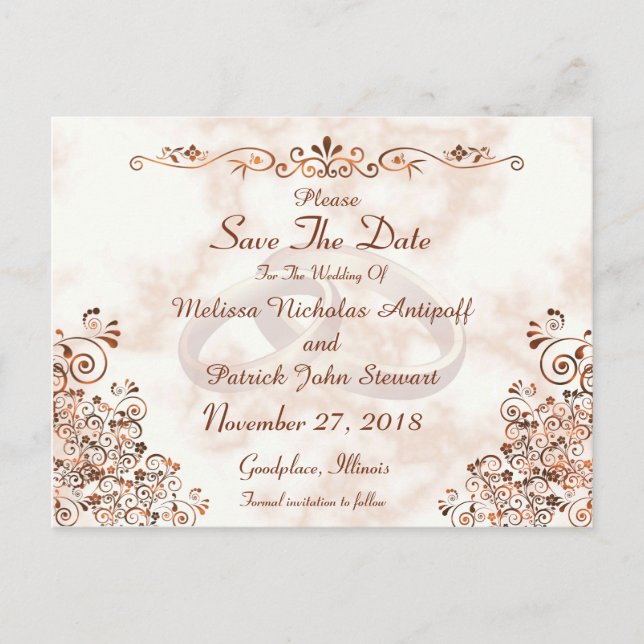 Marmor Rose Gold Rings Save the Date elegant Ankündigungspostkarte (Vorderseite)