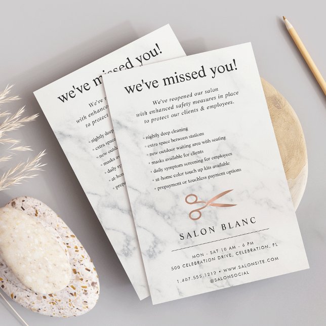Marmor & Rose Gold Salon Business Wiedereröffnung Flyer (Von Creator hochgeladen)