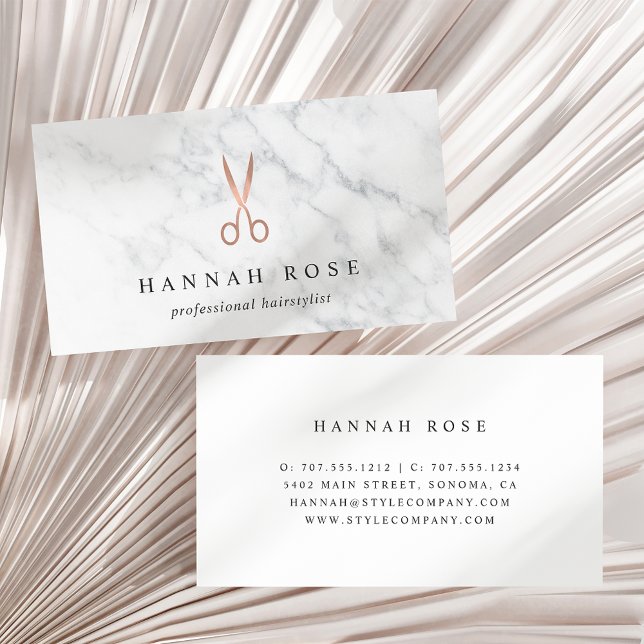 Marmor & Rose Gold Scissors Logo-Haarstylle Visitenkarte (Von Creator hochgeladen)