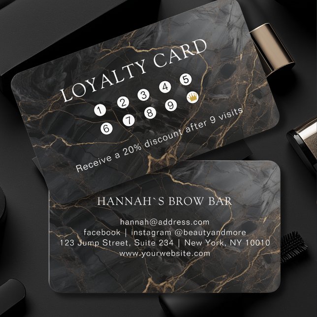 Marmor, Schwarz-Gold, Salon, Loyalität Visitenkarte (Custom, Marble, Black-Gold, Salon, Loyalty Business Card)